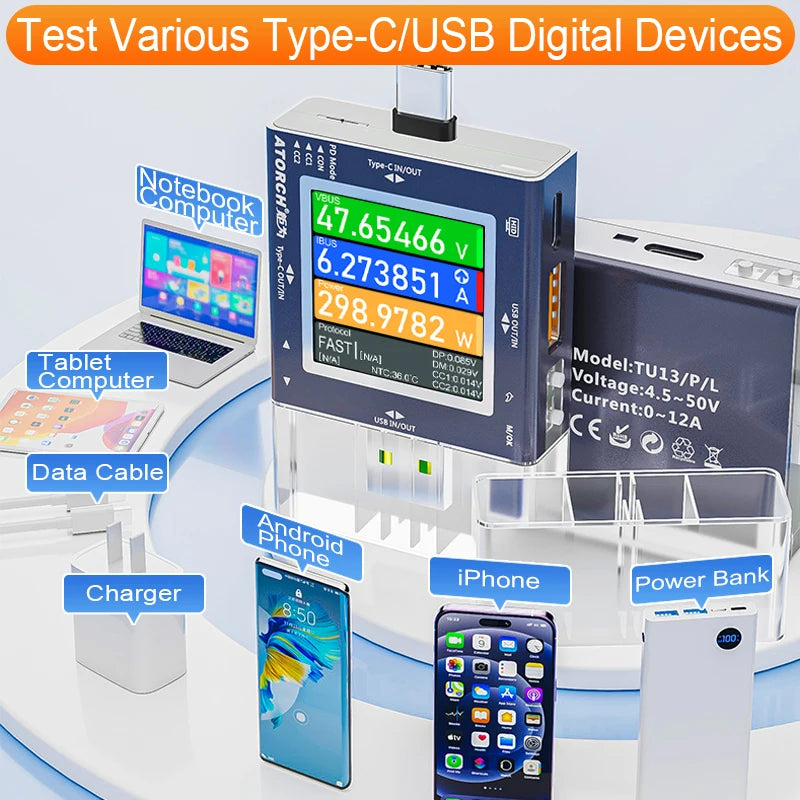 TU13 48V Type-C PD3.0 Fast charging Protocol USB Tester Voltmeter Meter Mobile Phone Charger detail image 5