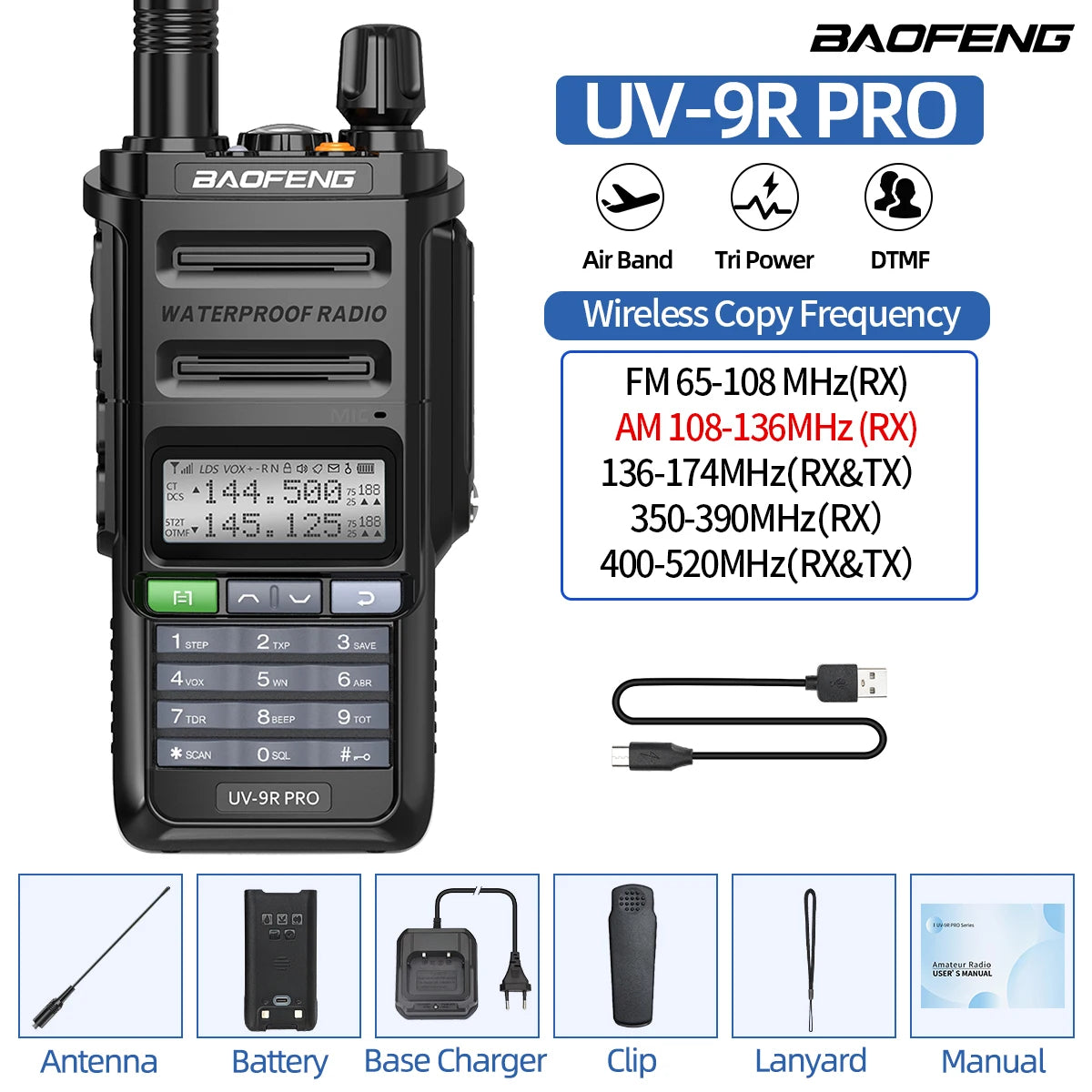 BAOFENG UV-9R PRO Multi Band Walkie Talkie IP68 Waterproof Wireless Copy Frequency Tri Power Type-C DTMF Long Range Ham Radio