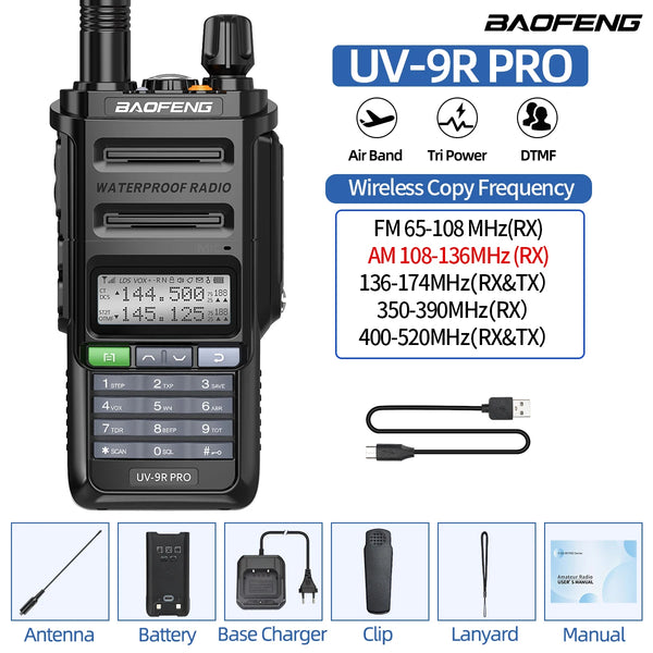 BAOFENG UV-9R PRO Multi Band Walkie Talkie IP68 Waterproof Wireless Copy Frequency Tri Power Type-C DTMF Long Range Ham Radio