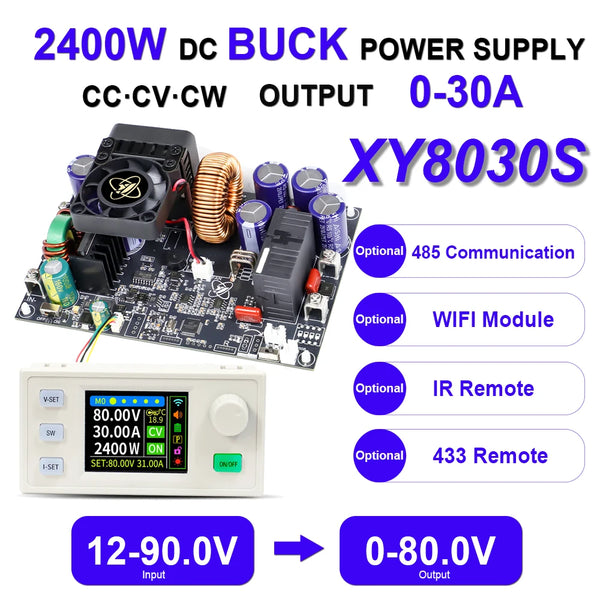 XY8030S 2400W 30A Buck DC Digital Power Supply Adjustable Step-Down Converter MPPT Charging 12-90V To 0-8 product image