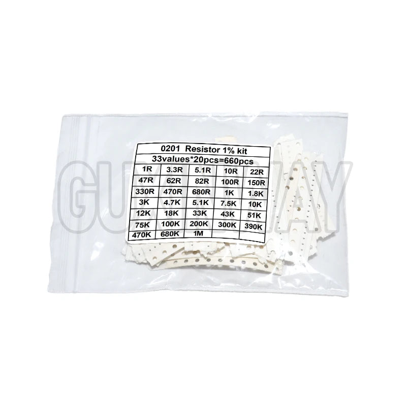 660pcs 0603 0805 1206 0402 0201 1% SMD Chip Resistor Assorted Kit 1R - 1M ohm 33valuesX20pcs Resistance Sample Set