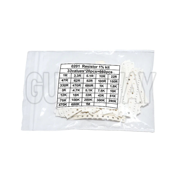 660pcs 0603 0805 1206 0402 0201 1% SMD Chip Resistor Assorted Kit 1R - 1M ohm 33valuesX20pcs Resistance Sample Set
