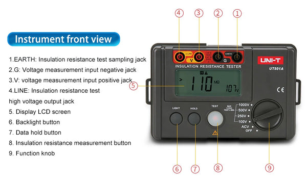 UNI-T Insulation Resistance Tester UT501 UT502 Digital Voltmeter Ohmmeter Megohmmeter detail image 14
