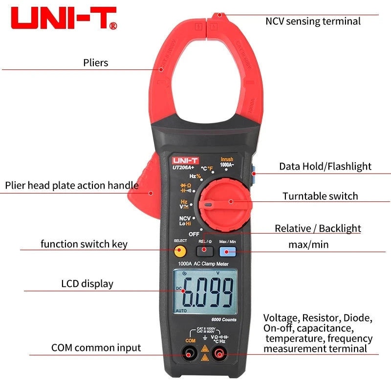 UNI-T UT205A+ UT206A+ Digital Clamp Meter 1000V AC DC Current Pliers Clamps Voltage Tester Ammeter Resist product image