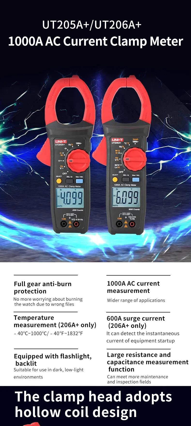 UNI-T UT205A+ UT206A+ Digital Clamp Meter 1000V AC DC Current Pliers Clamps Voltage Tester detail image 3